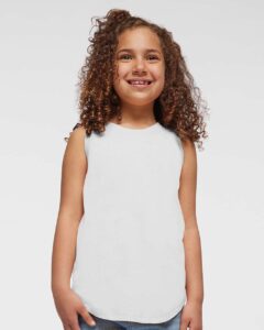 LAT 2692 Girls’ Relaxed Fine Jersey Tank – White (on model)