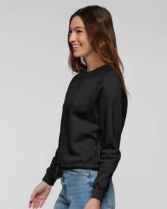 LAT 3528 Women’s Relaxed Boxy Crewneck Sweatshirt – Black (on model side)