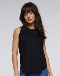 LAT 3592 Women’s Relaxed Fine Jersey Tank – Black (on model)