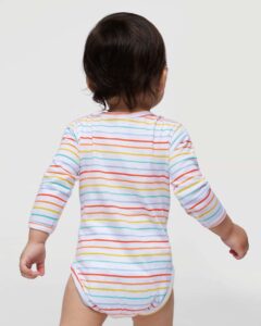 Rabbit Skins 4421 Infant Fine Jersey Long Sleeve Bodysuit – Rainbow Stripe (on model back)