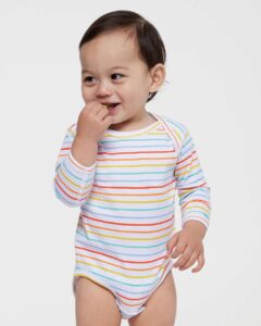 Rabbit Skins 4421 Infant Fine Jersey Long Sleeve Bodysuit – Rainbow Stripe (on model)