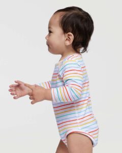 Rabbit Skins 4421 Infant Fine Jersey Long Sleeve Bodysuit – Rainbow Stripe (on model side)