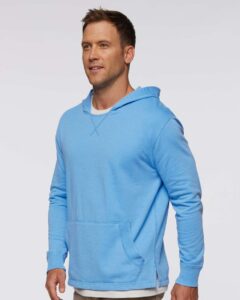 LAT 6936 Unisex Vintage Wash Hoodie Sweatshirt – Washed Tradewind (on model side)
