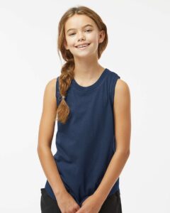 LAT 2692 Girls’ Relaxed Fine Jersey Tank – Denim (on model)