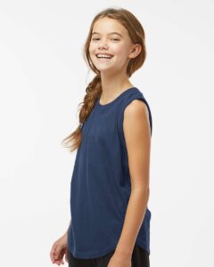 LAT 2692 Girls’ Relaxed Fine Jersey Tank – Denim (on model side)