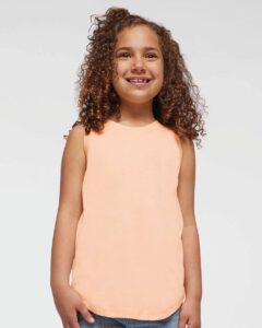 LAT 2692 Girls’ Relaxed Fine Jersey Tank – Peachy (on model)
