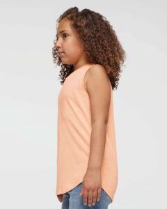 LAT 2692 Girls’ Relaxed Fine Jersey Tank – Peachy (on model side)