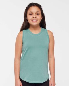 LAT 2692 Girls’ Relaxed Fine Jersey Tank – Saltwater (on model)