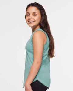 LAT 2692 Girls’ Relaxed Fine Jersey Tank – Saltwater (on model side)