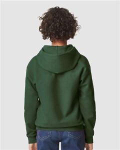 Gildan SF500B Youth Softstyle® Midweight Hooded Sweatshirt – Forest Green (on model back)