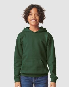 Gildan SF500B Youth Softstyle® Midweight Hooded Sweatshirt – Forest Green (on model)
