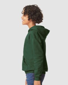 Gildan SF500B Youth Softstyle® Midweight Hooded Sweatshirt – Forest Green (on model side)