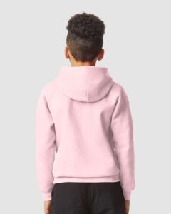 Gildan SF500B Youth Softstyle® Midweight Hooded Sweatshirt – Light Pink (on model back)