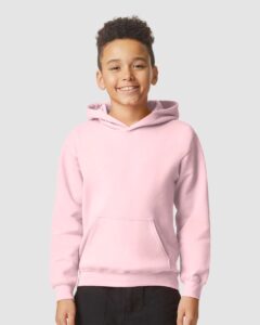 Gildan SF500B Youth Softstyle® Midweight Hooded Sweatshirt – Light Pink (on model)