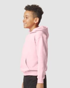 Gildan SF500B Youth Softstyle® Midweight Hooded Sweatshirt – Light Pink (on model side)