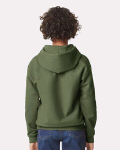Gildan SF500B Youth Softstyle® Midweight Hooded Sweatshirt – Military Green (on model back)