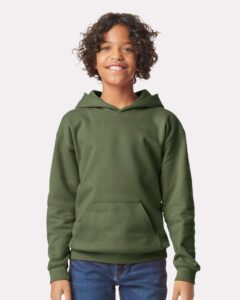 Gildan SF500B Youth Softstyle® Midweight Hooded Sweatshirt – Military Green (on model)