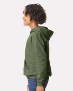 Gildan SF500B Youth Softstyle® Midweight Hooded Sweatshirt – Military Green (on model side)