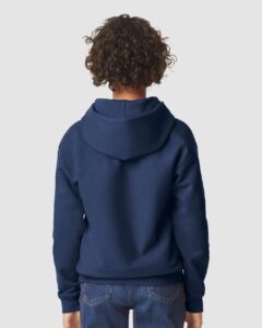 Gildan SF500B Youth Softstyle® Midweight Hooded Sweatshirt – Navy (on model back)