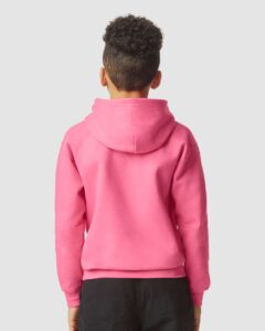 Gildan SF500B Youth Softstyle® Midweight Hooded Sweatshirt – Pink Lemonade (on model back)
