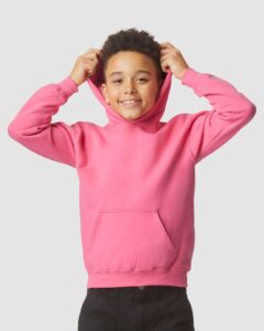 Gildan SF500B Youth Softstyle® Midweight Hooded Sweatshirt – Pink Lemonade (on model)