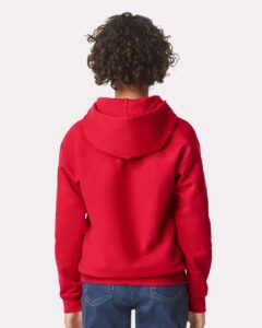 Gildan SF500B Youth Softstyle® Midweight Hooded Sweatshirt – Red (on model back)