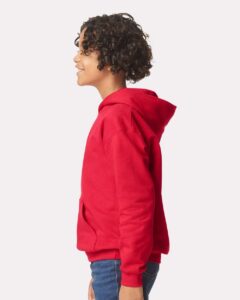Gildan SF500B Youth Softstyle® Midweight Hooded Sweatshirt – Red (on model side)