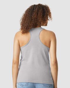 Gildan 64220LCVC Women’s Softstyle® CVC Racerback Tank Top – Cement (on model back)