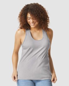 Gildan 64220LCVC Women’s Softstyle® CVC Racerback Tank Top – Cement (on model)