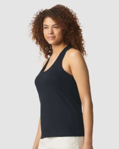 Gildan 64220LCVC Women’s Softstyle® CVC Racerback Tank Top – Pitch Black (on model side)