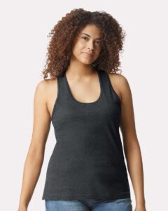 Gildan 64220LCVC Women’s Softstyle® CVC Racerback Tank Top – Pitch Black Mist (on model)