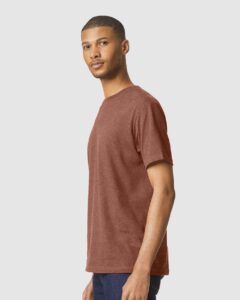 Gildan 64000CVC Unisex Softstyle® CVC T-Shirt – Cocoa Mist (on model side)