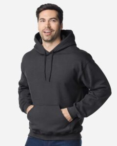 Gildan 18500 Unisex Heavy Blend™ Hooded Sweatshirt – Fan Charcoal Heather (on model)