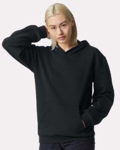 American Apparel RF498 Unisex ReFlex Fleece Hoodie Sweatshirt – Black (on model)