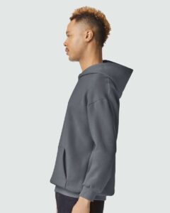 American Apparel RF498 Unisex ReFlex Fleece Hoodie Sweatshirt – Asphalt (on model side)