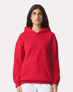 American Apparel RF498 Unisex ReFlex Fleece Hoodie Sweatshirt – Cardinal (on model)