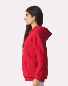 American Apparel RF498 Unisex ReFlex Fleece Hoodie Sweatshirt – Cardinal (on model side)