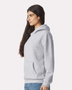 American Apparel RF498 Unisex ReFlex Fleece Hoodie Sweatshirt – Heather Grey (on model side)