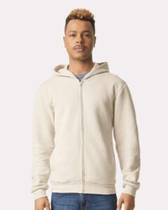 American Apparel RF497 Unisex ReFlex Fleece Full-Zip Hoodie Sweatshirt – Bone (on model)