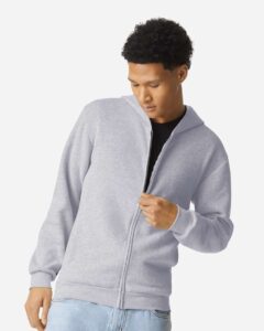 American Apparel RF497 Unisex ReFlex Fleece Full-Zip Hoodie Sweatshirt – Heather Grey (on model)
