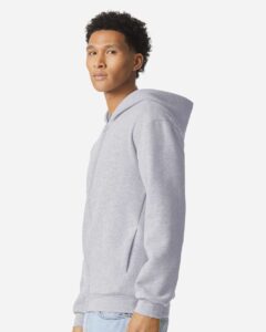 American Apparel RF497 Unisex ReFlex Fleece Full-Zip Hoodie Sweatshirt – Heather Grey (on model side)