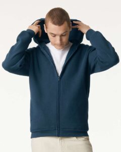 American Apparel RF497 Unisex ReFlex Fleece Full-Zip Hoodie Sweatshirt – Sea Blue (on model)
