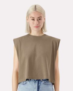 American Apparel 307GD Women’s Heavyweight Cotton Garment-Dyed Muscle Tee – Faded Brown (on model)