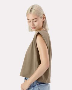 American Apparel 307GD Women’s Heavyweight Cotton Garment-Dyed Muscle Tee – Faded Brown (on model side)