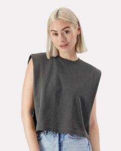 American Apparel 307GD Women’s Heavyweight Cotton Garment-Dyed Muscle Tee – Faded Black (on model)