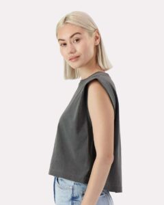American Apparel 307GD Women’s Heavyweight Cotton Garment-Dyed Muscle Tee – Faded Black (on model side)