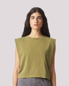 American Apparel 307GD Women’s Heavyweight Cotton Garment-Dyed Muscle Tee – Faded Army (on model)