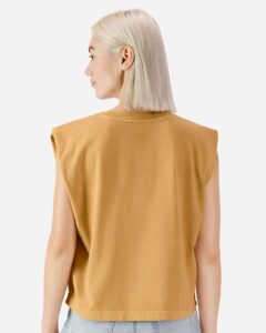 American Apparel 307GD Women’s Heavyweight Cotton Garment-Dyed Muscle Tee – Faded Mustard (on model back)
