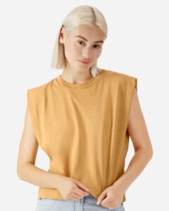 American Apparel 307GD Women’s Heavyweight Cotton Garment-Dyed Muscle Tee – Faded Mustard (on model)