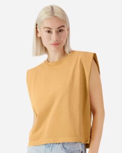 American Apparel 307GD Women’s Heavyweight Cotton Garment-Dyed Muscle Tee – Faded Mustard (on model side)